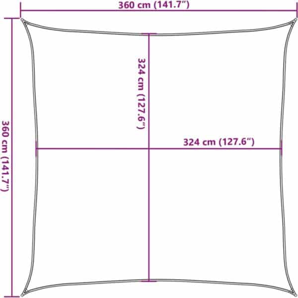 Zonnescherm afmetingen: 360x360 cm, binnenzijde 324 cm.