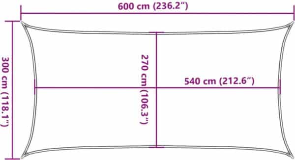 Afmetingen zonnescherm: 600x300 cm, diagonaal 540 cm.