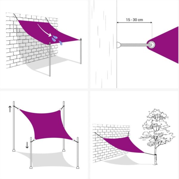 Instructies voor montage van een paarse schaduwdoek.