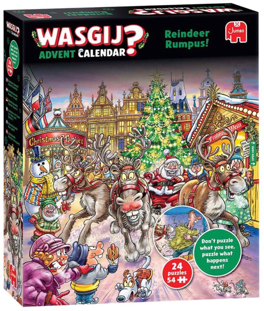 Wasgij puzzel adventskalender met kersttafereel en rendieren.