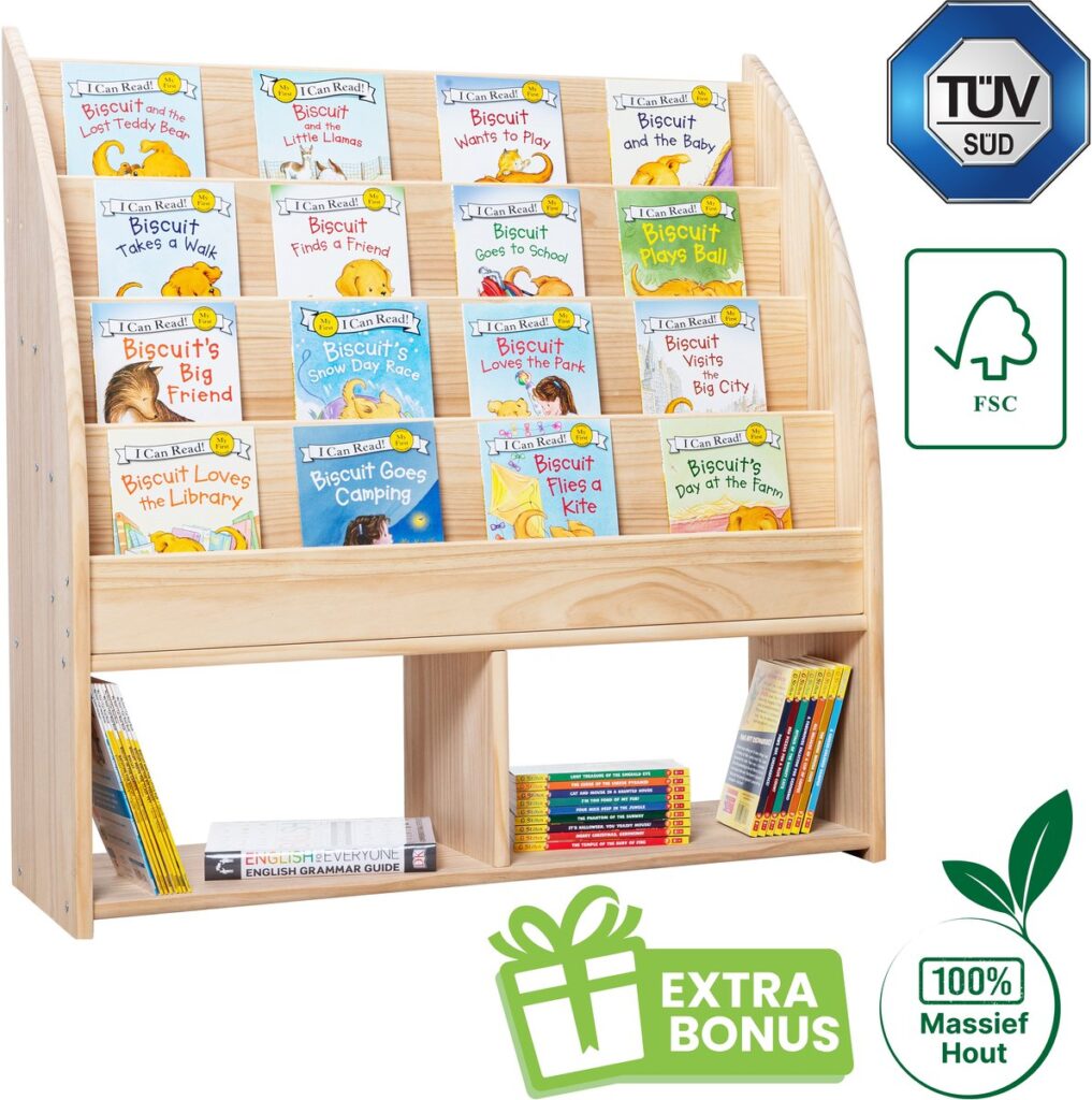 Houten kinderboekenkast met frontale boekendisplay