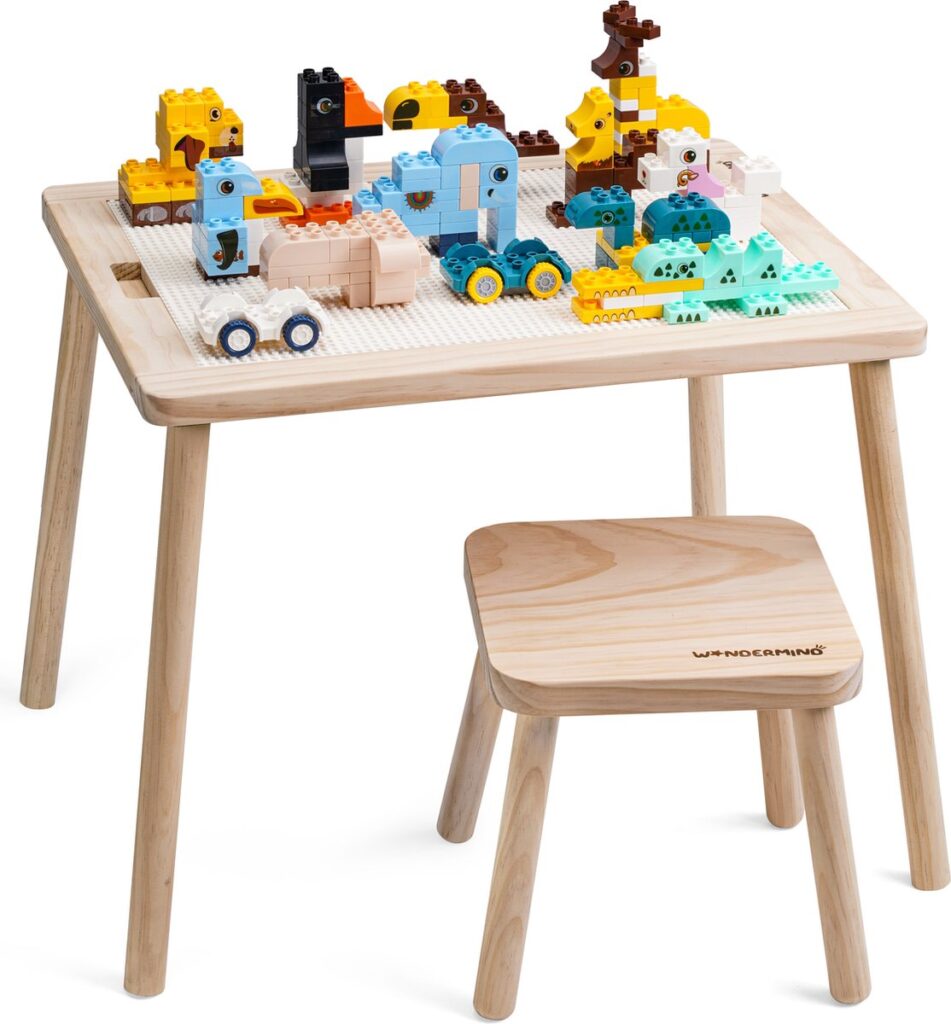 Wooden play table with colorful block figures.