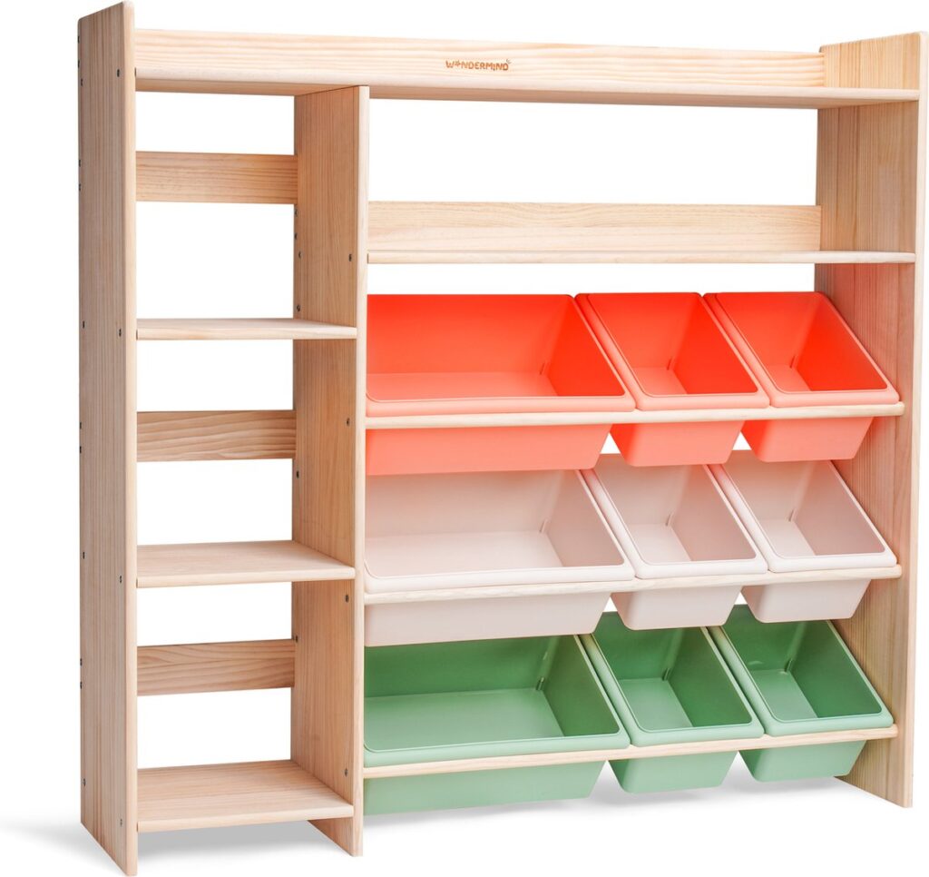 Houten opbergkast met gekleurde kunststof bakken
