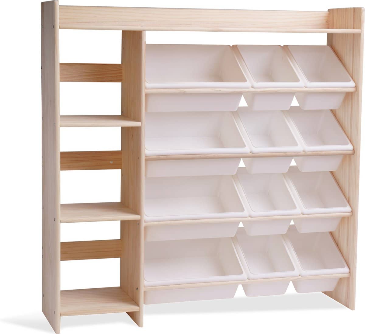 Houten opbergrek met plastic opbergbakken