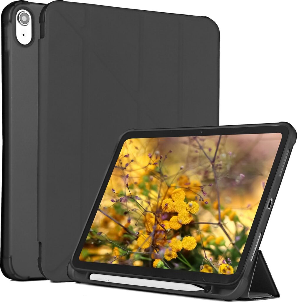 Zwarte tablet met beschermhoes en standaard