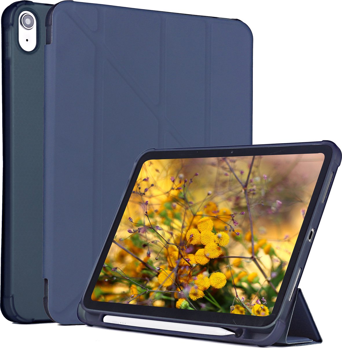 Tablet met donkerblauwe hoes en stylus