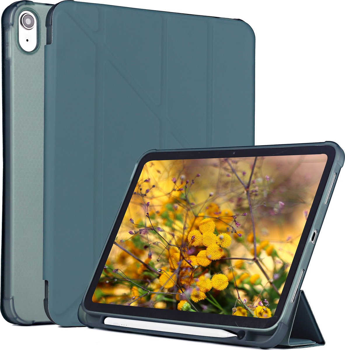 Tablet with a green protective case and stylus
