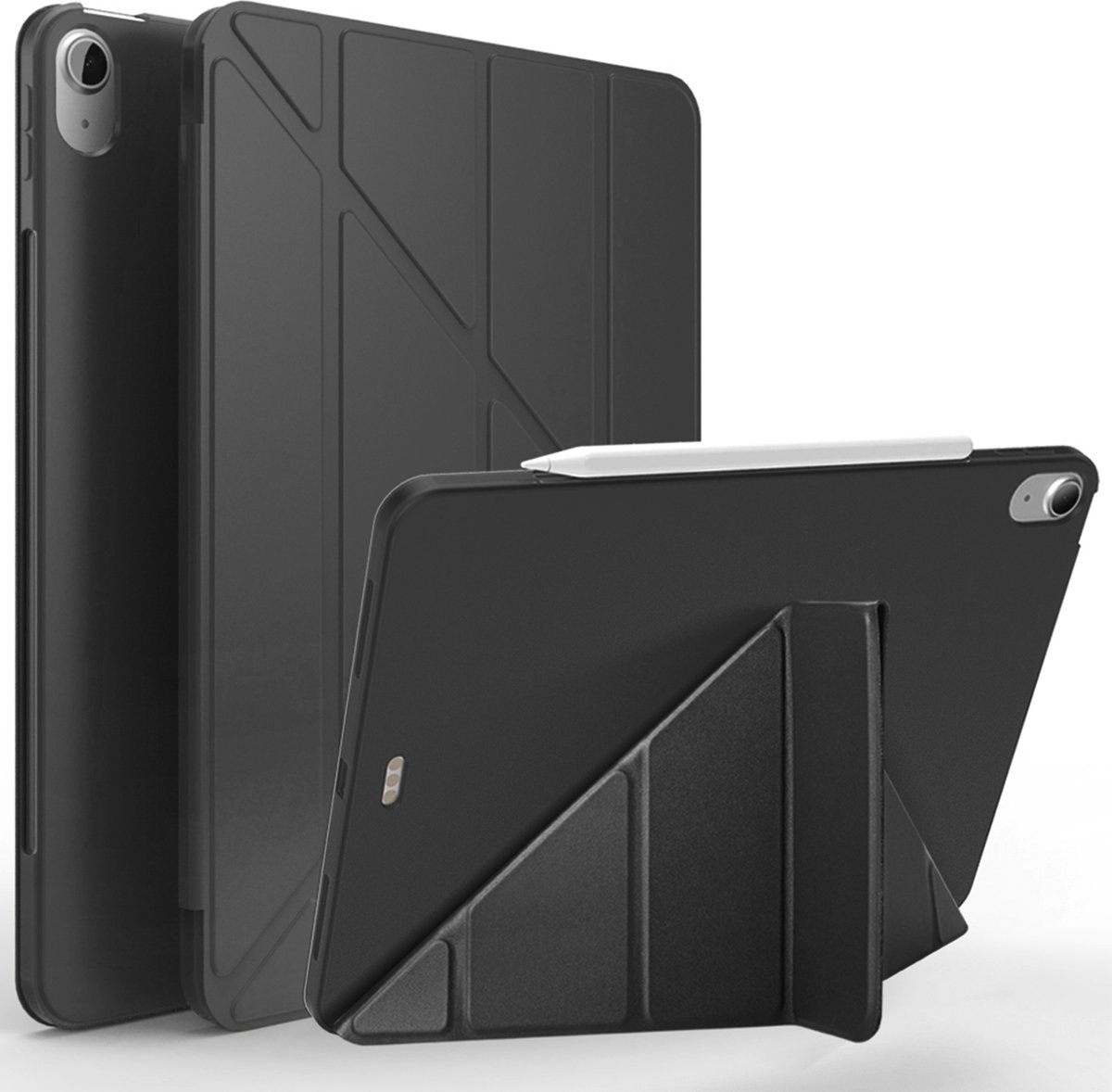Zwarte tablet met opvouwbare hoes en stylus
