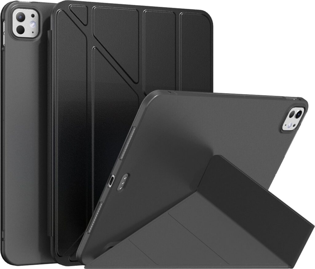 Zwarte tabletcase met verstelbare standaard, achteraanzicht.