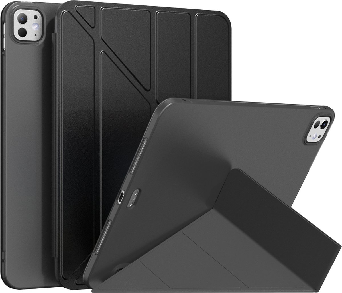 Zwarte tabletcase met verstelbare standaard, achteraanzicht.