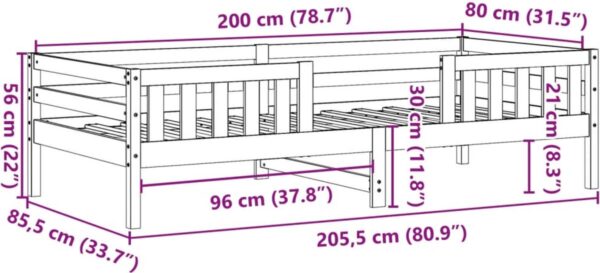 Hout kinderbed met afmetingen in centimeters en inches.