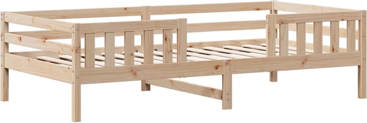 Houten kinderbedframe met spijlen in naturel kleur.