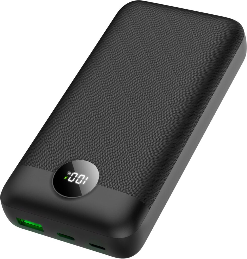Zwarte powerbank met digitaal display en USB-poorten