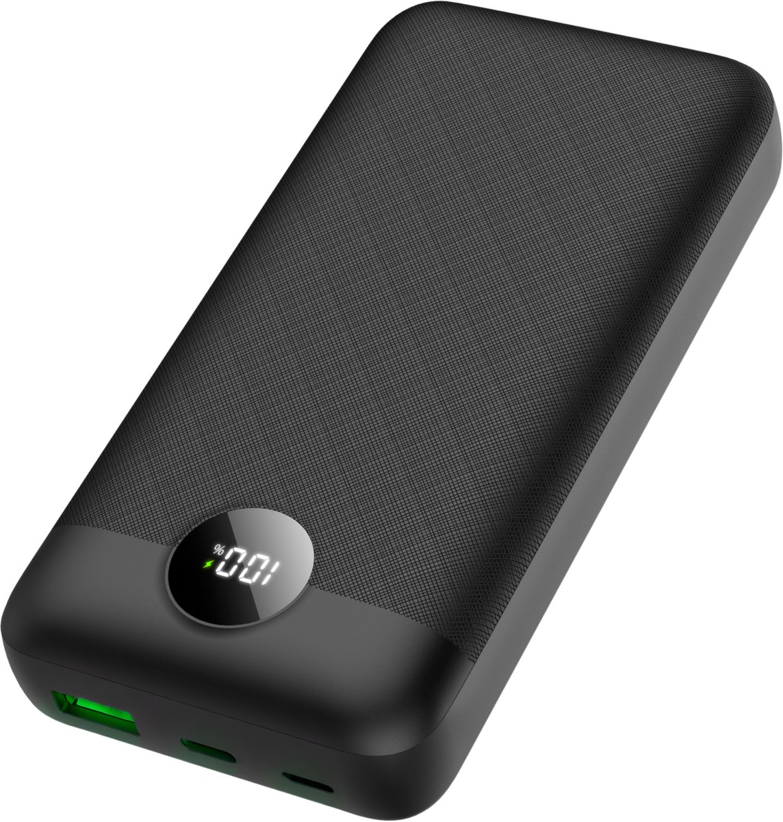 Black power bank with a digital display and USB ports