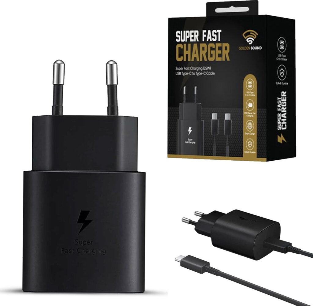 Zwarte 25W USB-C snellader met EU-stekker