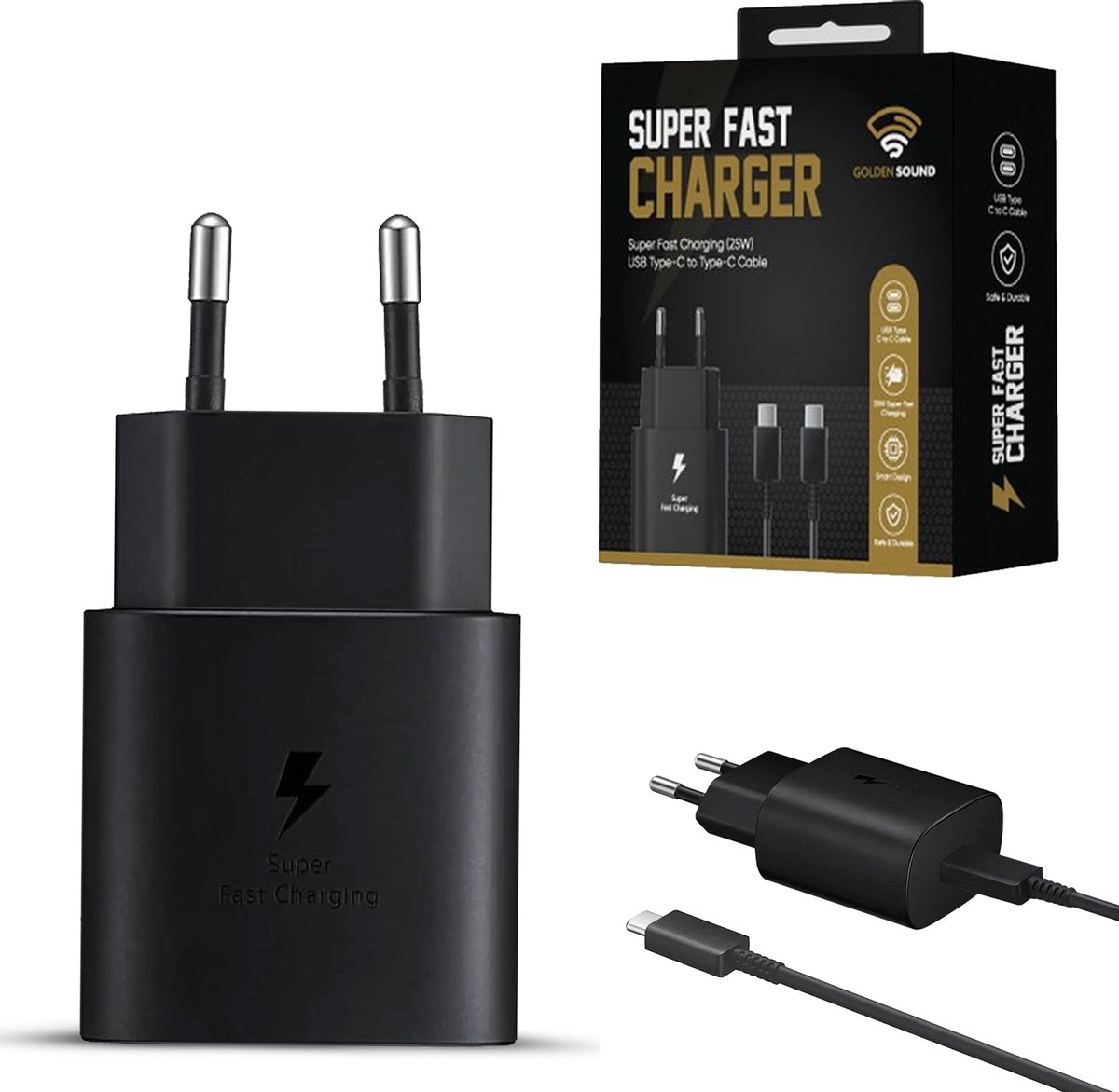 Zwarte 25W USB-C snellader met EU-stekker
