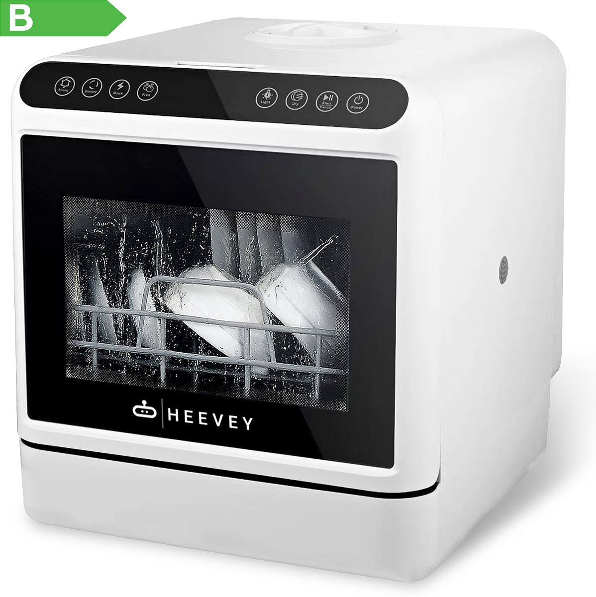 Compacte tafel vaatwasser met glazen deur en bediening.