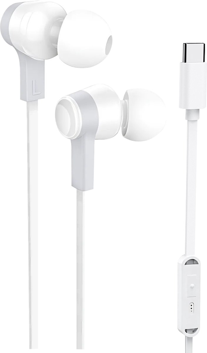 Witte oortelefoon met USB-C aansluiting en microfoon