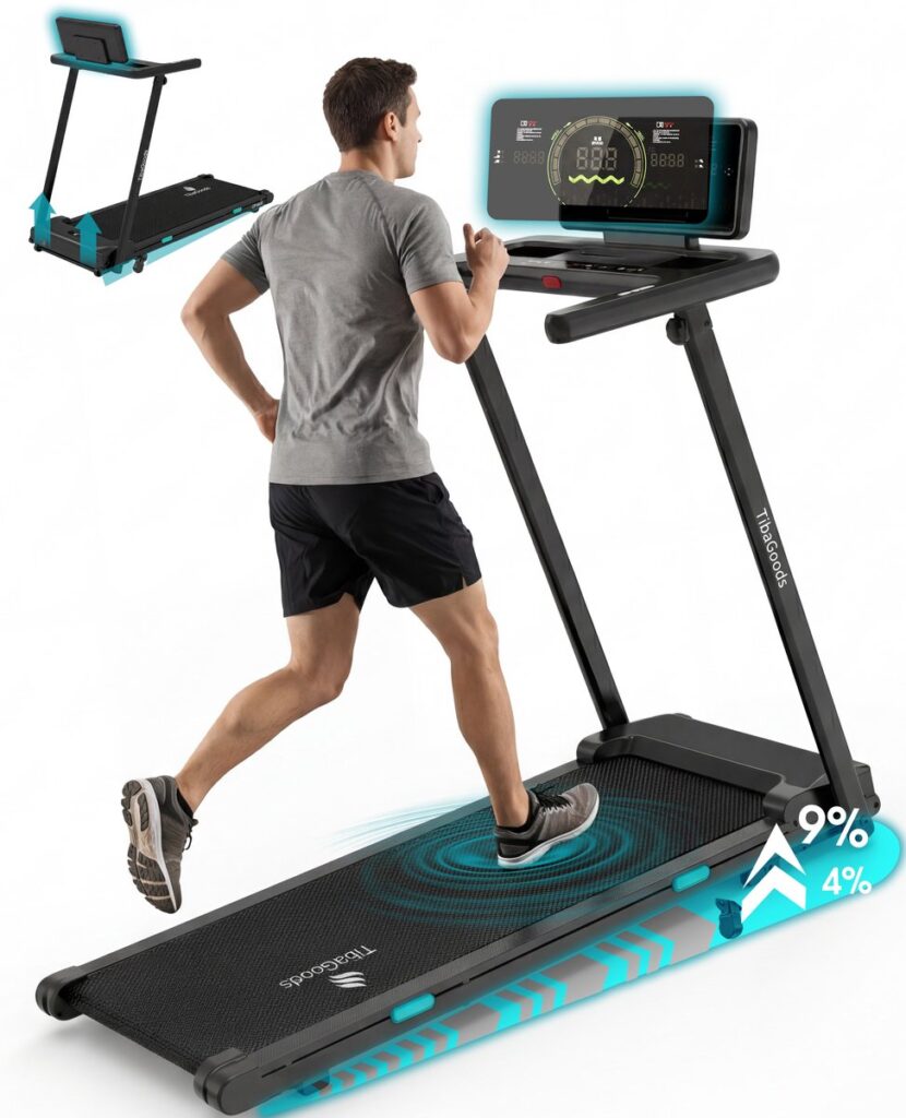 Man rent op moderne inklapbare loopband