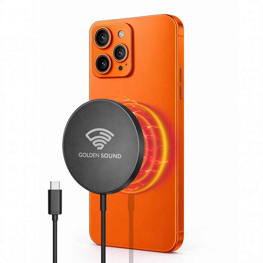 Oranje smartphone met magnetische draadloze oplader