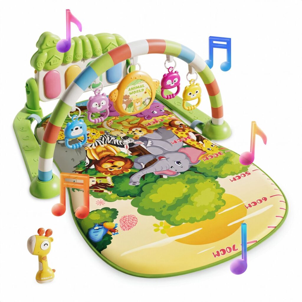 Speelkleed met dierenthema en muzieknoten.