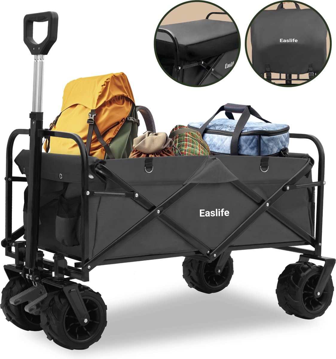 Opvouwbare bolderkar met bagage en stevige wielen.