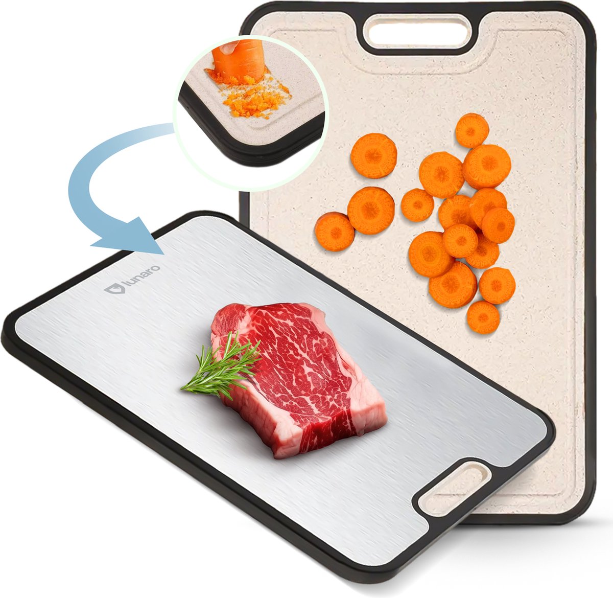 Double-sided cutting board with carrots and meat.