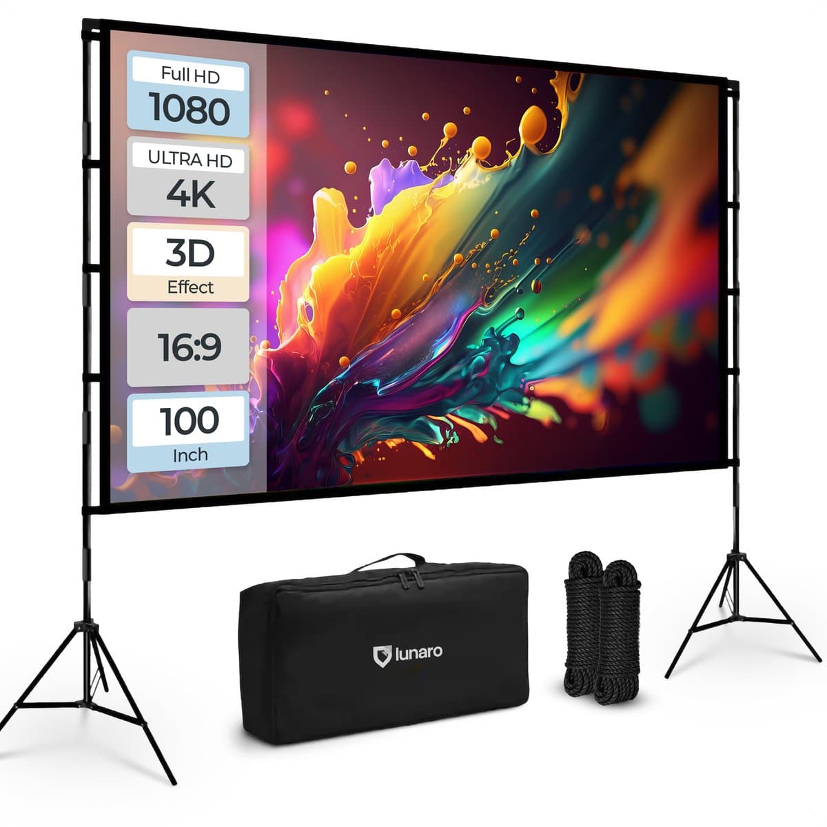 Projectiescherm met standaard en draagtas, kleurrijke afbeelding.