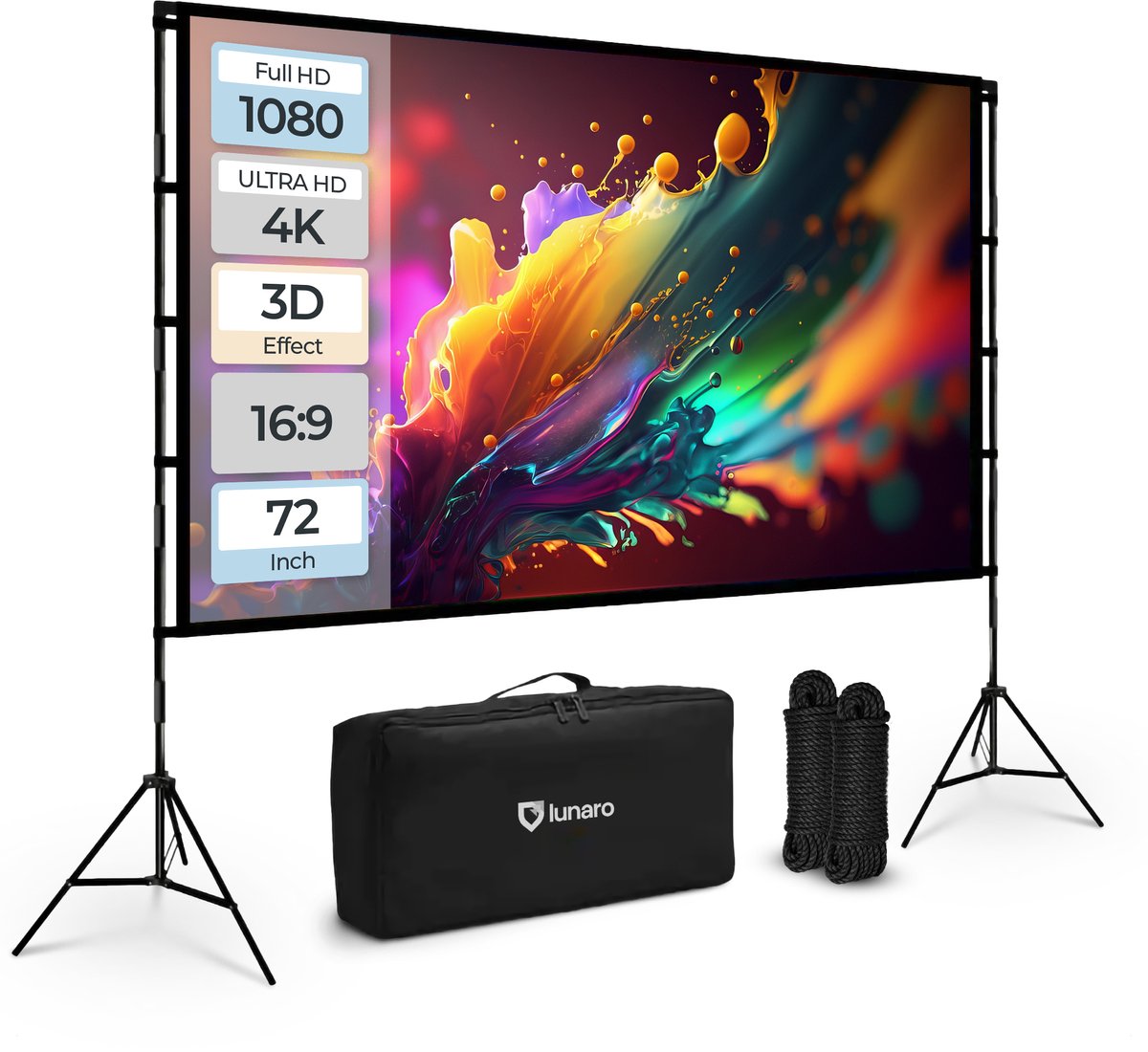 72-inch projectiescherm met standaard en draagtas.
