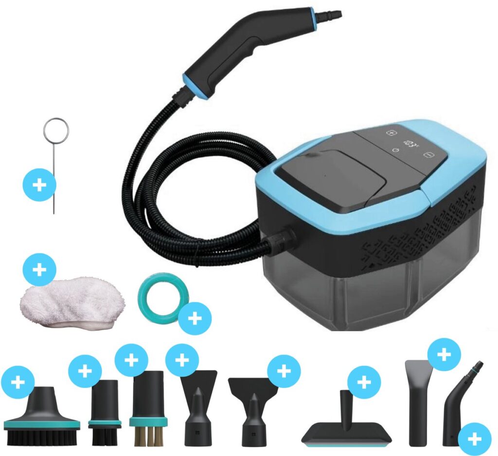 Handheld steam cleaner with various attachments and accessories