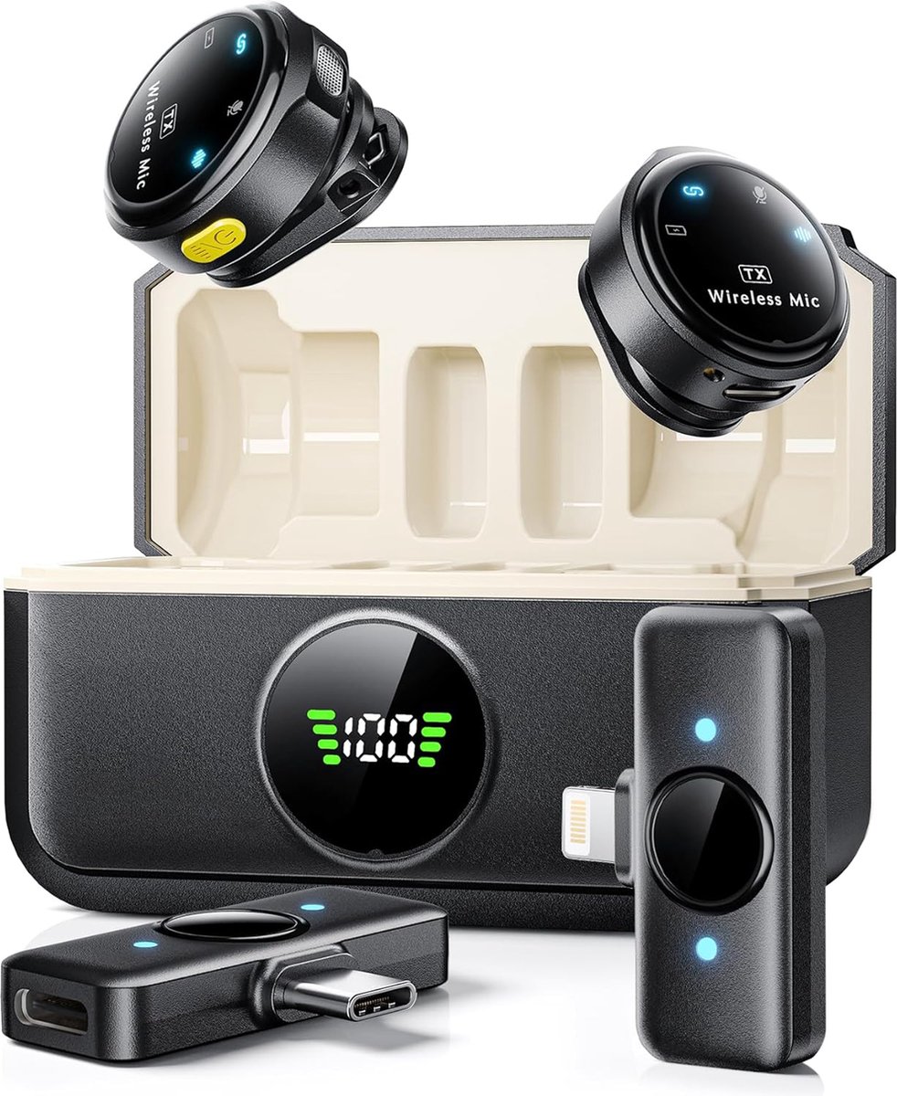 Draadloze microfoonset met oplaadcase en adapters.