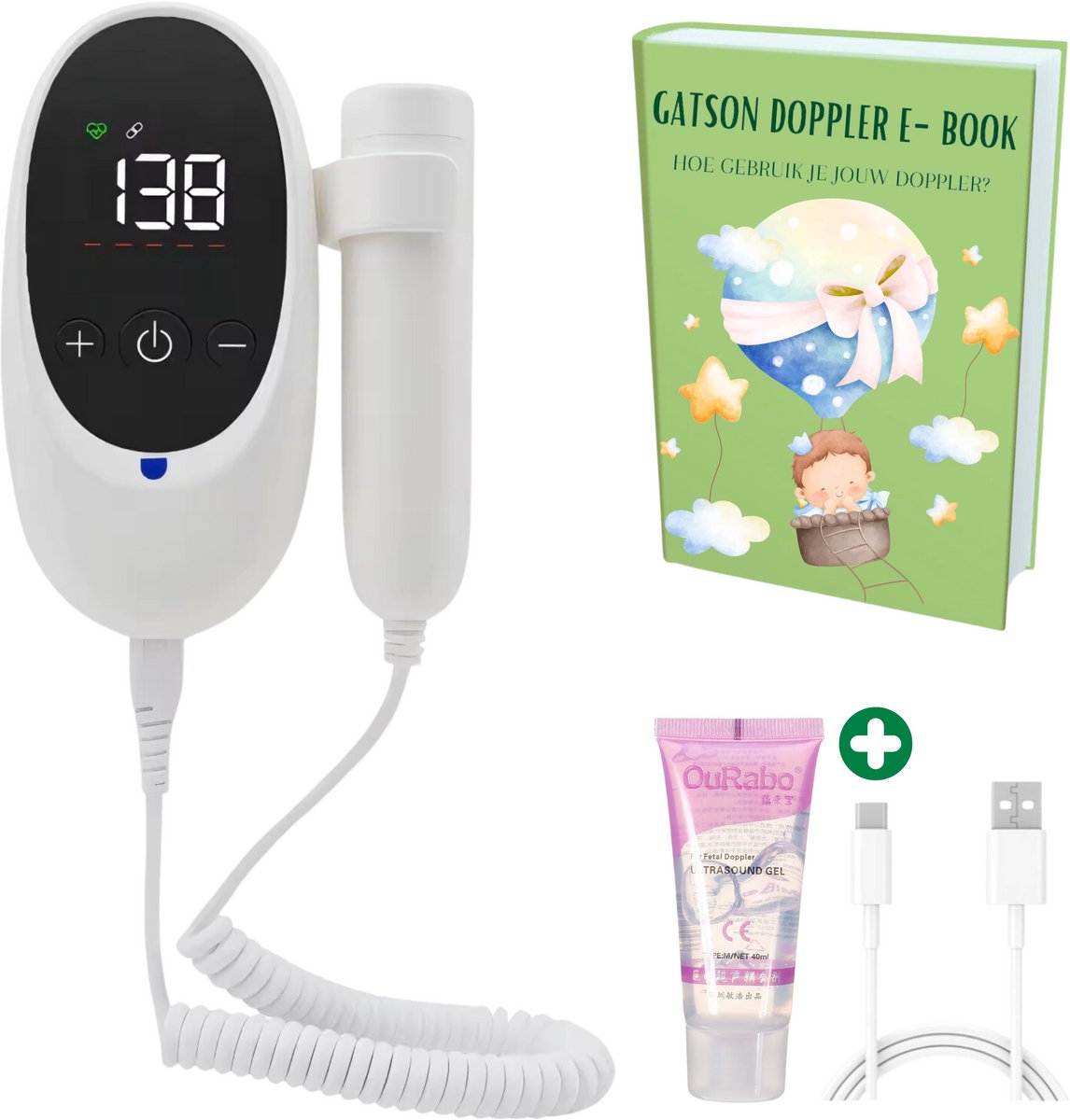 Foetale Doppler met e-boek, gel en oplaadkabel.