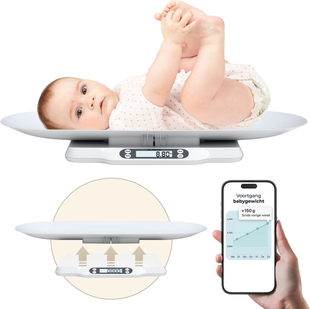 Digitale babyweegschaal toont gewicht en gewichtsvoortgang.