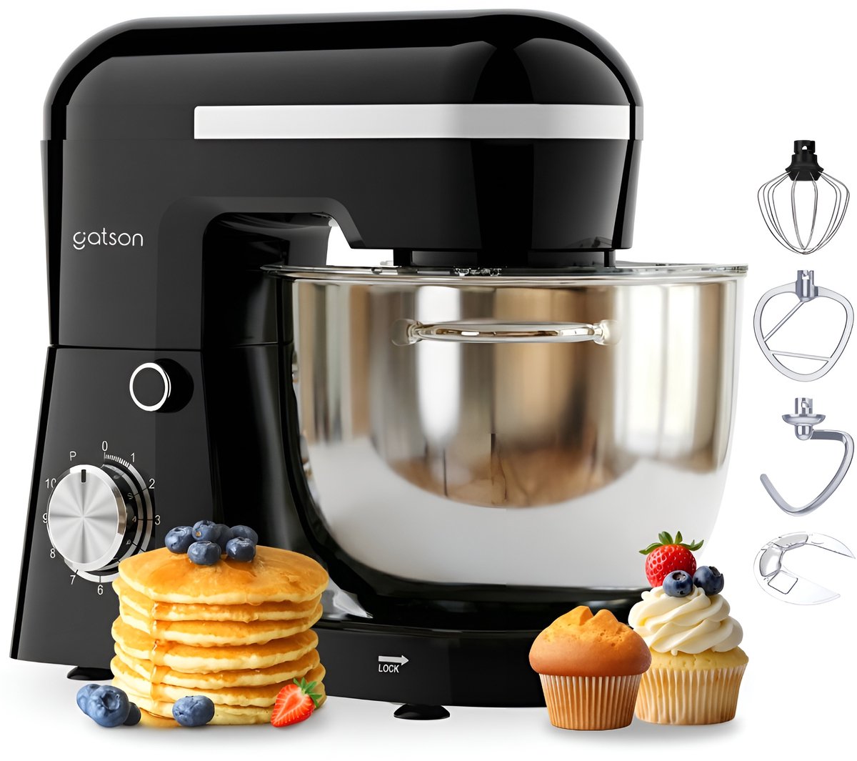 Zwart keukenmachine met accessoires en gebak.