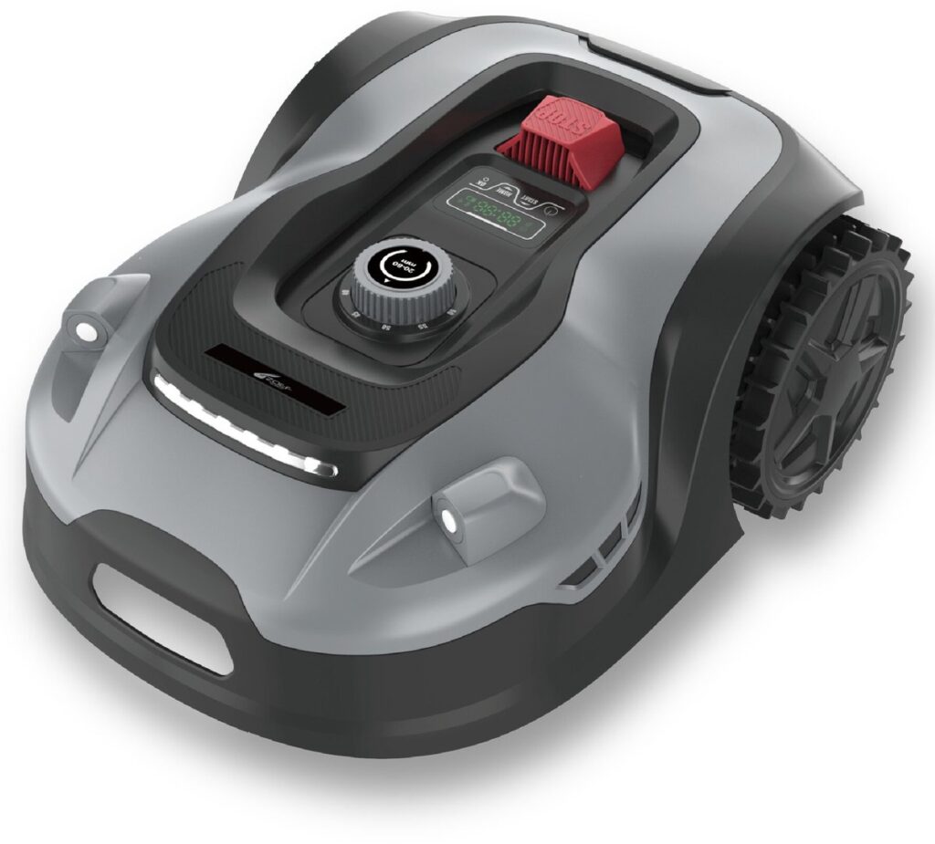 Moderne grijze robotmaaier op witte achtergrond.