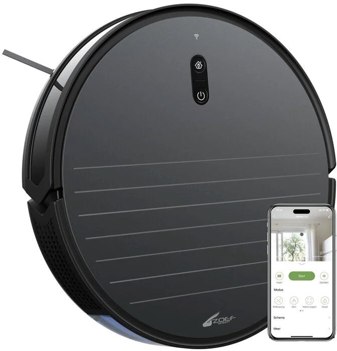 Zwarte robotstofzuiger met smartphone-app bediening