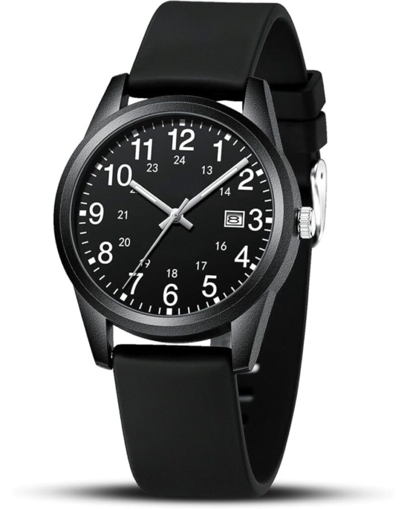 Zwart analoog horloge met rubberen band.