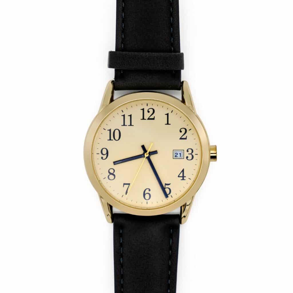 Gouden horloge met zwarte leren band en datum