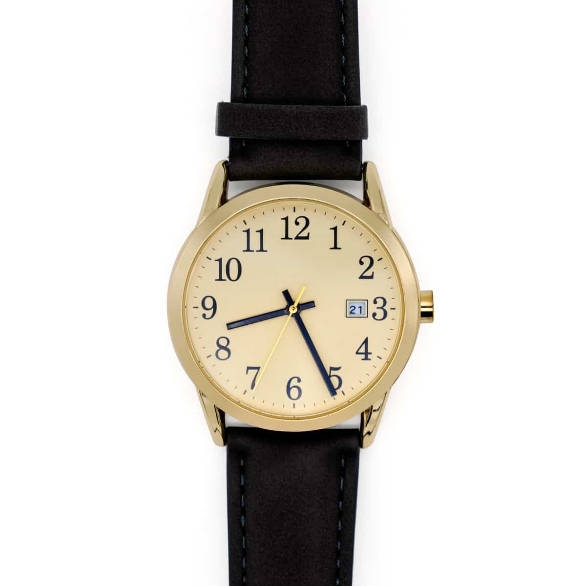 Gouden horloge met zwarte leren band en datum