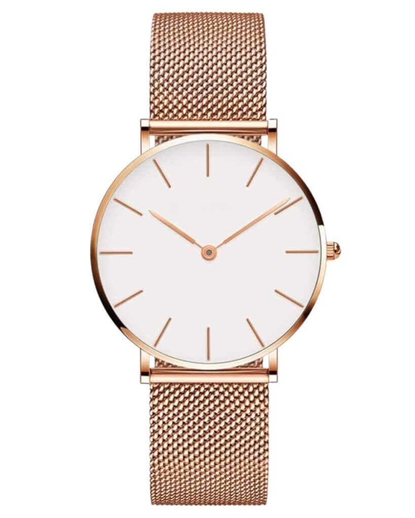 Minimalistisch roségouden horloge met mesh band