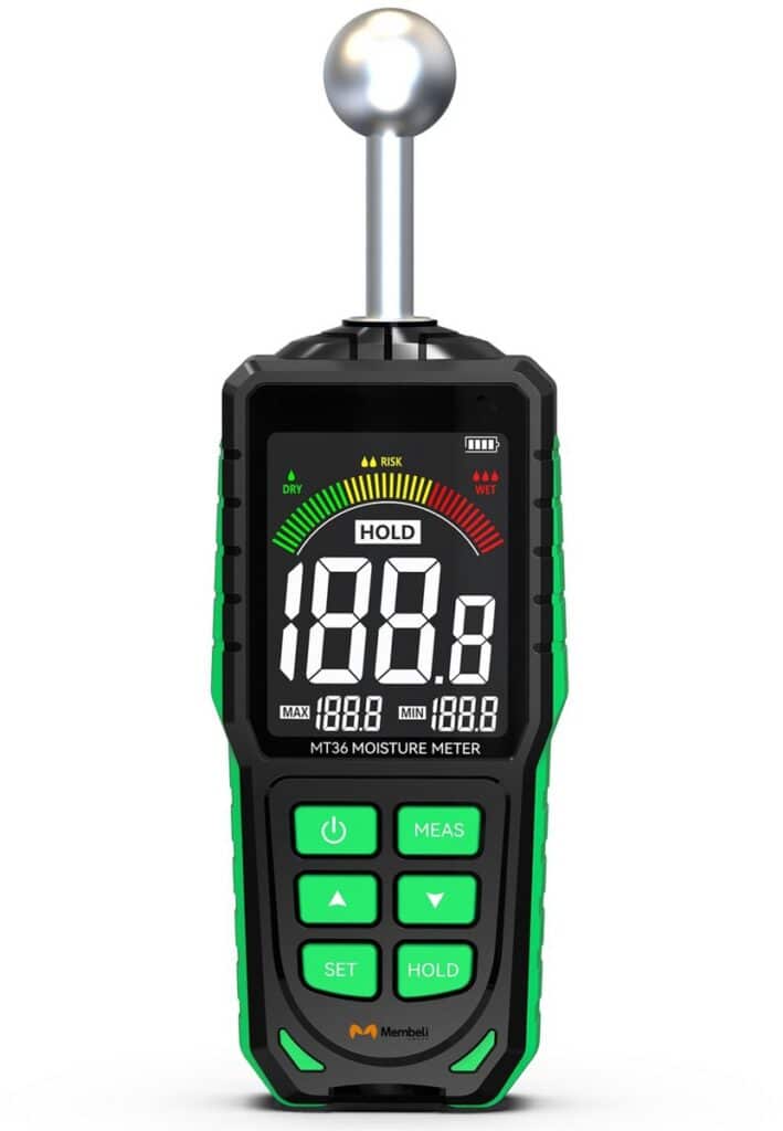 Digital moisture meter with display and control buttons.