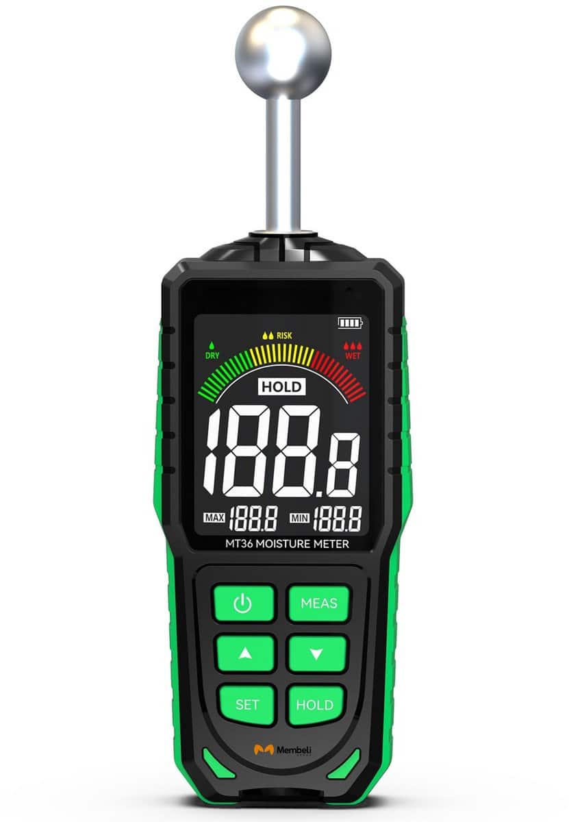 Digitale vochtmeter met display en bedieningsknoppen.