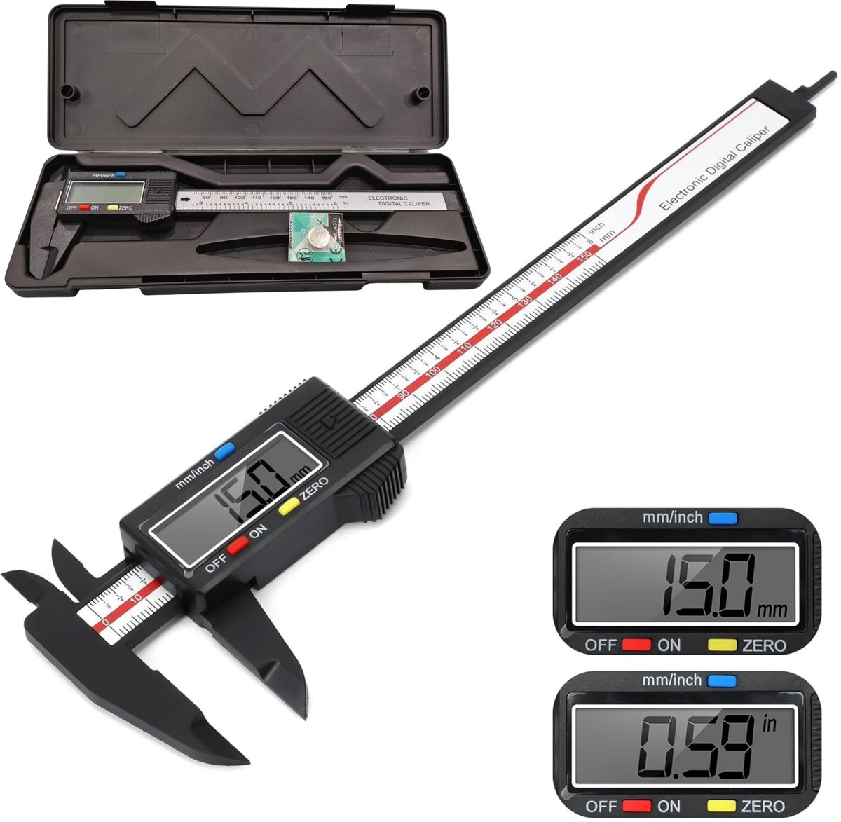 Digital caliper with LCD display and storage case