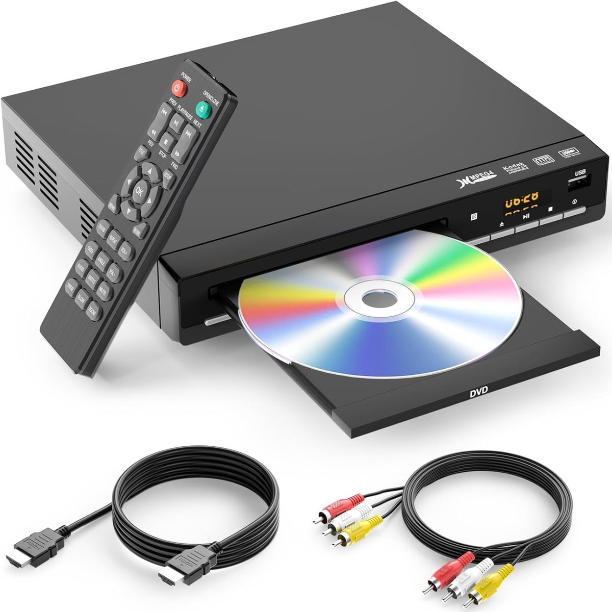 Zwarte dvd-speler met afstandsbediening en kabels