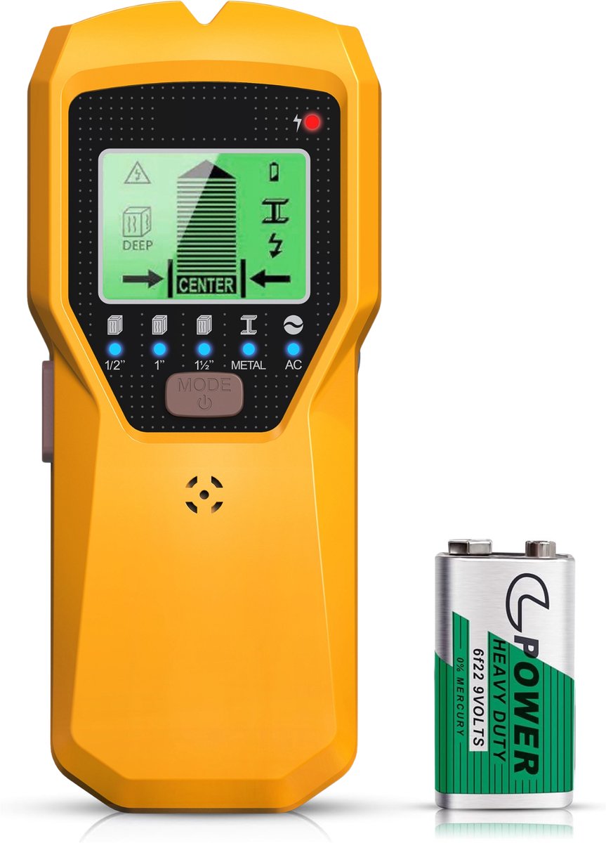 Yellow wall scanner with display and 9V battery