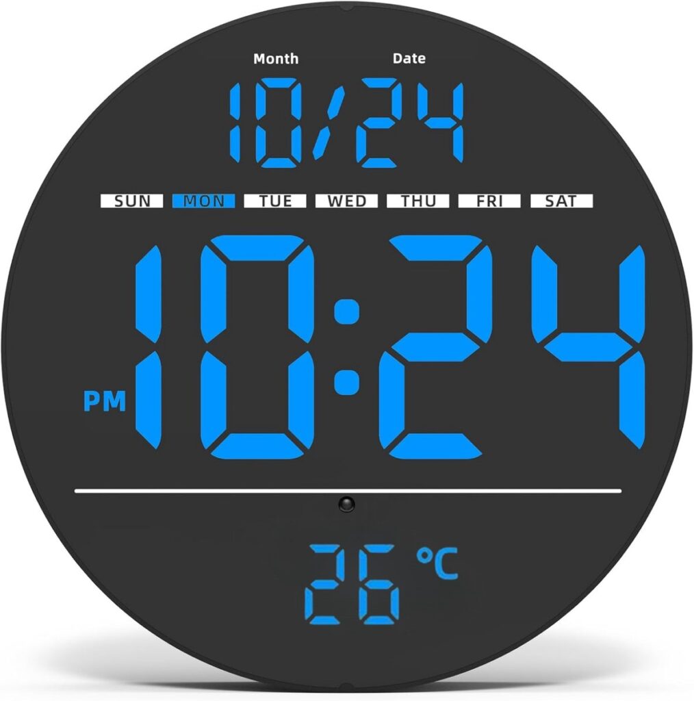 Ronde digitale klok met tijd, datum en temperatuur