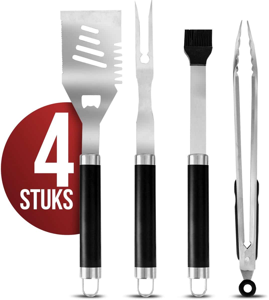 Vierdelige barbecuegereedschapset met spatels en tang