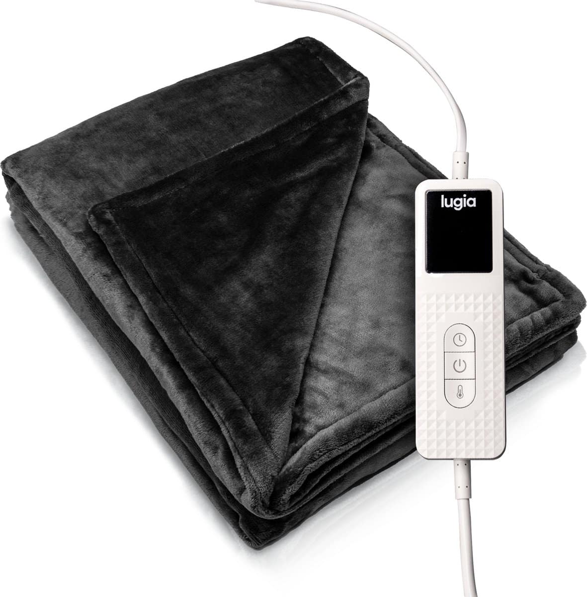 Couverture en polaire noire avec panneau de contrôle.