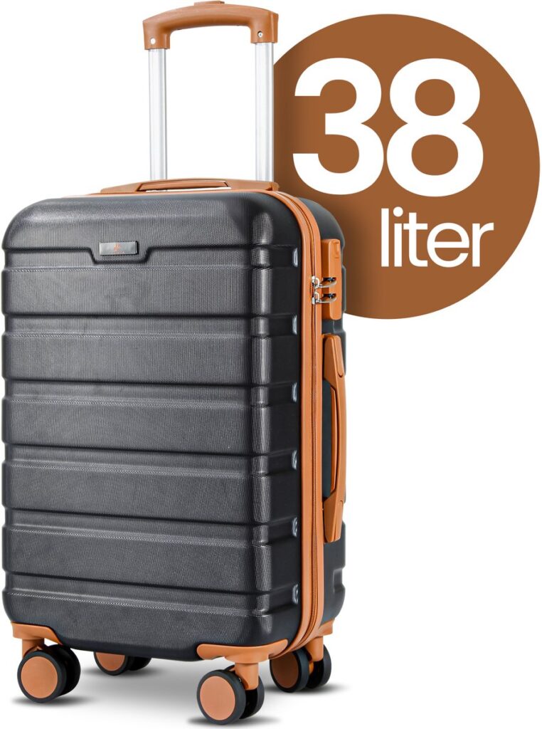 Zwarte koffer met 38 liter capaciteit en wielen.