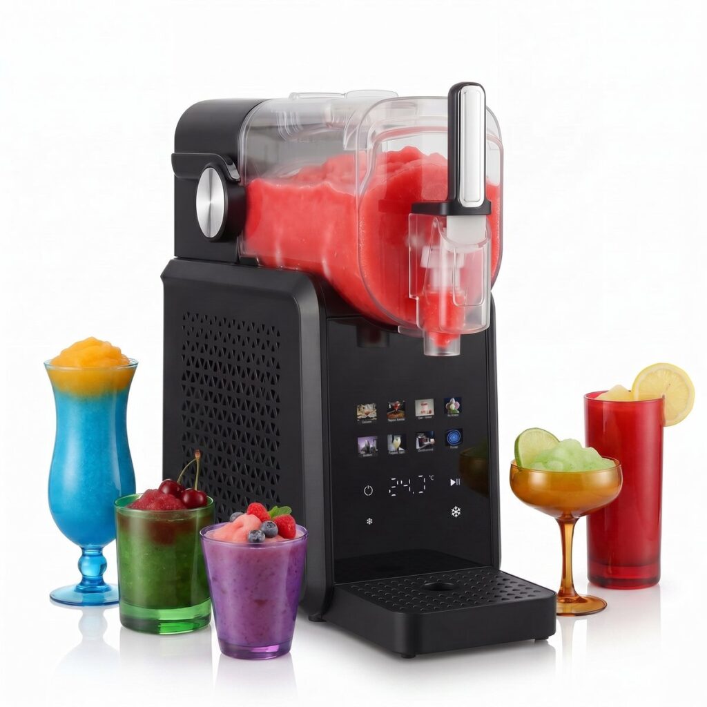 Slush machine with colorful frozen cocktails and smoothies